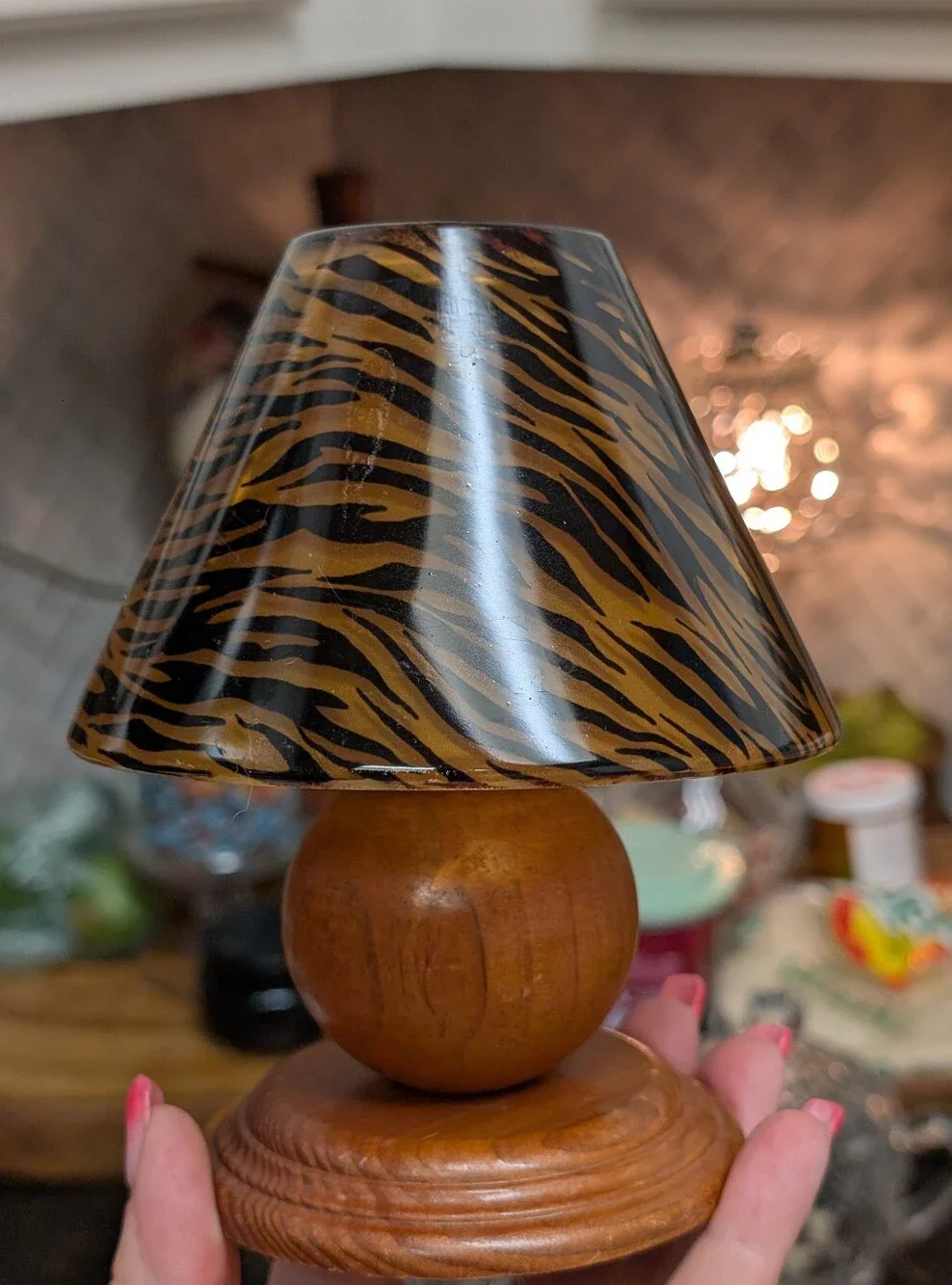 Amber Tiger-Print Tea Light Lamp With Wooden Base